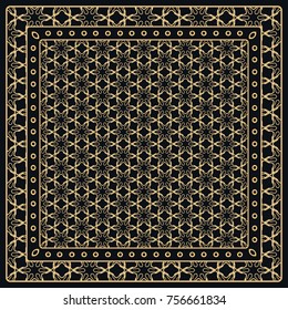 Black and gold abstract graphic pattern. Geometric ornament with frame, border. Line art, lace, embroidery background. Bandanna, shawl, scarf, tablecloth design for textile fabric print