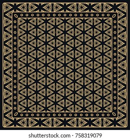 Black and gold abstract graphic pattern. Geometric ornament with frame, border. Line art, lace, embroidery background. Bandanna, shawl, scarf, tablecloth design for textile fabric print