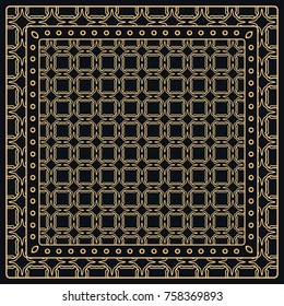 Black and gold abstract graphic pattern. Geometric ornament with frame, border. Line art, lace, embroidery background. Bandanna, shawl, scarf, tablecloth design for textile fabric print