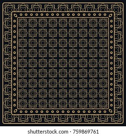 Black and gold abstract graphic pattern. Geometric ornament with frame, border. Line art, lace, embroidery background. Bandanna, shawl, scarf, tablecloth design for textile fabric print