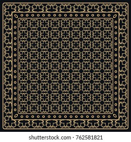 Black and gold abstract graphic pattern. Geometric ornament with frame, border. Line art, lace, embroidery background. Bandanna, shawl, scarf, tablecloth design for textile fabric print