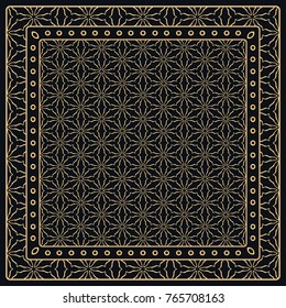 Black and gold abstract graphic pattern. Geometric ornament with frame, border. Line art, lace, embroidery background. Bandanna, shawl, scarf, tablecloth design for textile fabric print