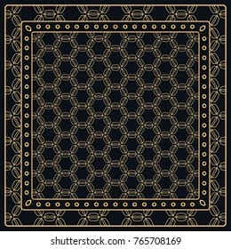 Black and gold abstract graphic pattern. Geometric ornament with frame, border. Line art, lace, embroidery background. Bandanna, shawl, scarf, tablecloth design for textile fabric print