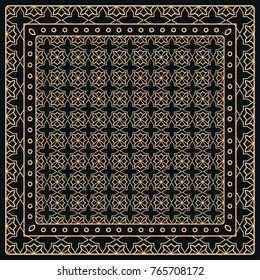 Black and gold abstract graphic pattern. Geometric ornament with frame, border. Line art, lace, embroidery background. Bandanna, shawl, scarf, tablecloth design for textile fabric print