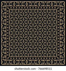 Black and gold abstract graphic pattern. Geometric ornament with frame, border. Line art, lace, embroidery background. Bandanna, shawl, scarf, tablecloth design for textile fabric print