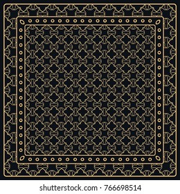Black and gold abstract graphic pattern. Geometric ornament with frame, border. Line art, lace, embroidery background. Bandanna, shawl, scarf, tablecloth design for textile fabric print