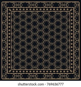 Black and gold abstract graphic pattern. Geometric ornament with frame, border. Line art, lace, embroidery background. Bandanna, shawl, scarf, tablecloth design for textile fabric print
