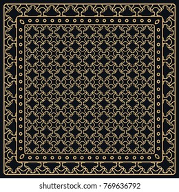 Black and gold abstract graphic pattern. Geometric ornament with frame, border. Line art, lace, embroidery background. Bandanna, shawl, scarf, tablecloth design for textile fabric print