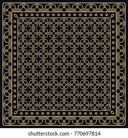 Black and gold abstract graphic pattern. Geometric ornament with frame, border. Line art, lace, embroidery background. Bandanna, shawl, scarf, tablecloth design for textile fabric print