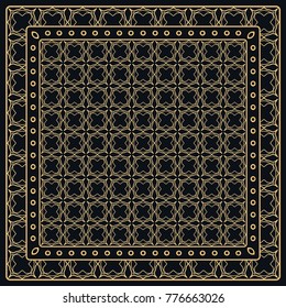 Black and gold abstract graphic pattern. Geometric ornament with frame, border. Line art, lace, embroidery background. Bandanna, shawl, scarf, tablecloth design for textile fabric print