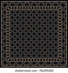 Black and gold abstract graphic pattern. Geometric ornament with frame, border. Line art, lace, embroidery background. Bandanna, shawl, scarf, tablecloth design for textile fabric print