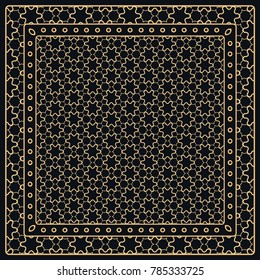 Black and gold abstract graphic pattern. Geometric ornament with frame, border. Line art, lace, embroidery background. Bandanna, shawl, scarf, tablecloth design for textile fabric print