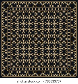 Black and gold abstract graphic pattern. Geometric ornament with frame, border. Line art, lace, embroidery background. Bandanna, shawl, scarf, tablecloth design for textile fabric print