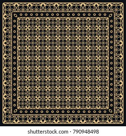 Black and gold abstract graphic pattern. Geometric ornament with frame, border. Line art, lace, embroidery background. Bandanna, shawl, scarf, tablecloth design for textile fabric print