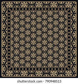 Black and gold abstract graphic pattern. Geometric ornament with frame, border. Line art, lace, embroidery background. Bandanna, shawl, scarf, tablecloth design for textile fabric print