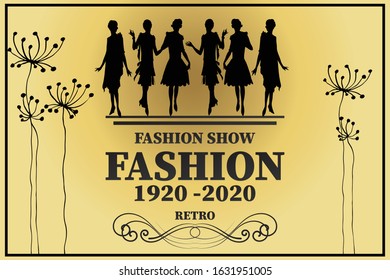 Black and gold. Abstract silhouettes, decorated models of girls dressed in the fashion of the 1920s. Lettering: fashion, fashion show, retro style. Banner, flyer, business card.
