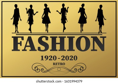 Black and gold. Abstract silhouettes, decorated models of girls dressed in the fashion of the 1920s. Lettering: fashion, fashion show, retro style. Banner, flyer, business card.
