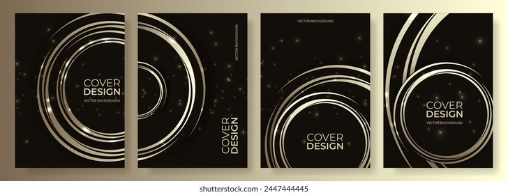 Black and gold abstract vertical background cover set with lights, golden circles and circular lines. Geometric modern posters collection. Luxury design cover templates for brochure, book, flyer.