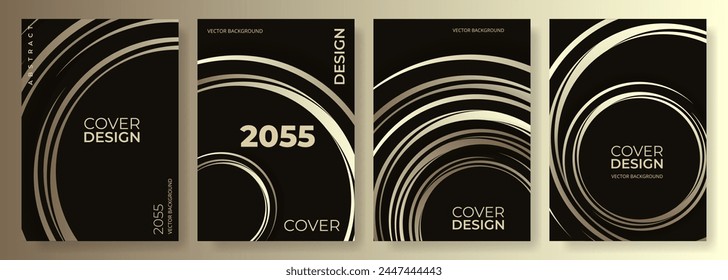 Black and gold abstract vertical cover background vector set with golden circles, and circular lines. Geometric modern posters collection. Luxury design cover templates for brochure, book, flyer.