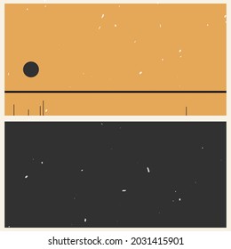 Black and gold aesthetic geometric background with sun. Minimalistic square poster for social media, cover design, web, home decor. Vintage illustration with stripes, shapes, circles, lines.