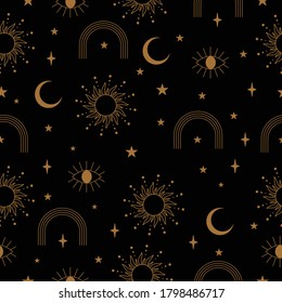 Black and Gold Astrology Sun Seamless Pattern in Vector.