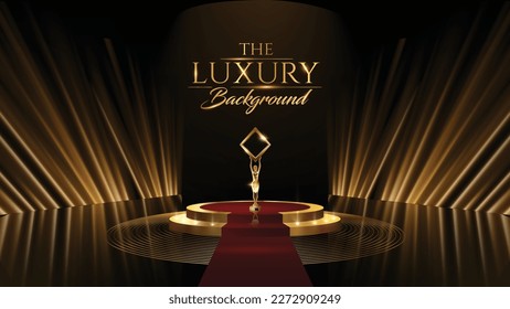 Black Gold Award Background.  Golden Rays Jubilee Night Decorative Invitation. Trophy on Stage platform with spotlight. Wedding Entertainment Hollywood Bollywood Night. Elegant Luxury Steps Floor.