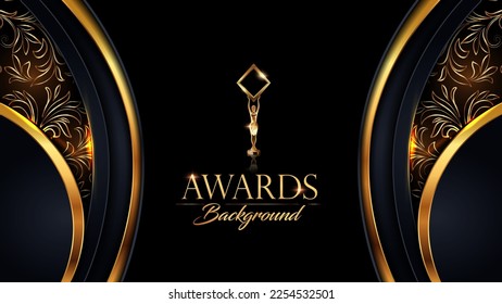 Black and Gold Award Background. Modern Luxury Graphic. Abstract Royal Template Design. Side Curve Dynamic Shape Design Style. Wedding Backdrop Background.