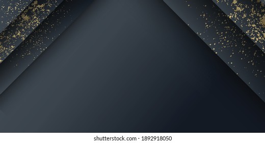 Black and gold background. Abstract background with golden glitter shine dots on geometric rectangle pattern, vector. Golden confetti glitter on modern black gradient 3d background