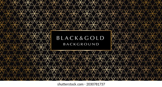 Black and gold background. Abstract luxury background with gold geometric pattern on a black background for your design. Modern design of sites, posters, banners, postcards, printing, EPS10 vector

