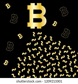 Black and gold background with Bitcoin currency icons. Vector illustration.