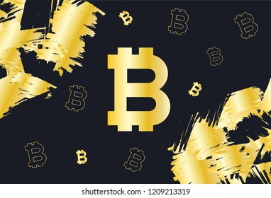 Black and gold background with Bitcoin currency icons. Vector illustration.