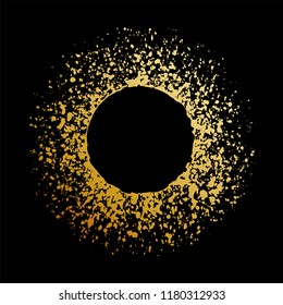 Black and gold background with circle frame and space for text. Vector glitter decoration, golden spray paint.