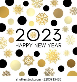 Black and gold background with circles snowflakes. Happy New Year 2023. Bright banner or greeting card design. Celebration text in frame of golden circles snowflakes. Decorative vector illustration.