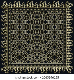 Black and gold background, decorative geometric line ornament, symmetric pattern with doodle lace frame. Tribal ethnic decor. Bandana shawl, tablecloth fabric print, silk neck scarf, kerchief design