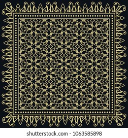 Black and gold background, decorative geometric line ornament, symmetric pattern with doodle lace frame. Tribal ethnic decor. Bandana shawl, tablecloth fabric print, silk neck scarf, kerchief design
