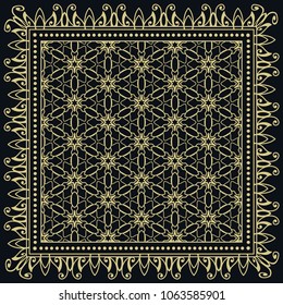 Black and gold background, decorative geometric line ornament, symmetric pattern with doodle lace frame. Tribal ethnic decor. Bandana shawl, tablecloth fabric print, silk neck scarf, kerchief design