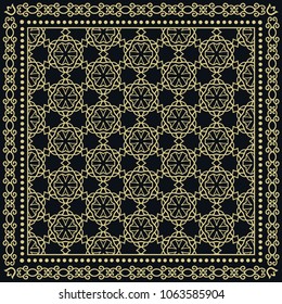 Black and gold background, decorative geometric line ornament, symmetric pattern with doodle lace frame. Tribal ethnic decor. Bandana shawl, tablecloth fabric print, silk neck scarf, kerchief design