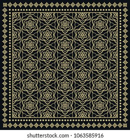 Black and gold background, decorative geometric line ornament, symmetric pattern with doodle lace frame. Tribal ethnic decor. Bandana shawl, tablecloth fabric print, silk neck scarf, kerchief design