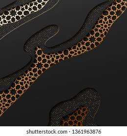 Black and gold background with geometric texture tunnel style cut out paper embossing pattern