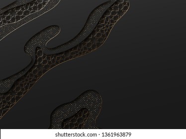 Black and gold background with geometric texture tunnel style cut out paper embossing pattern