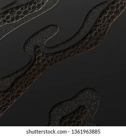 Black and gold background with geometric texture tunnel style cut out paper embossing pattern