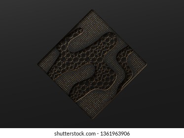 Black and gold background with geometric texture tunnel style cut out paper embossing pattern