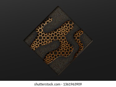 Black and gold background with geometric texture tunnel style cut out paper embossing pattern