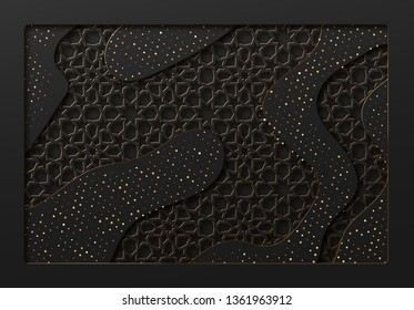 Black and gold background with geometric texture tunnel style cut out paper embossing pattern