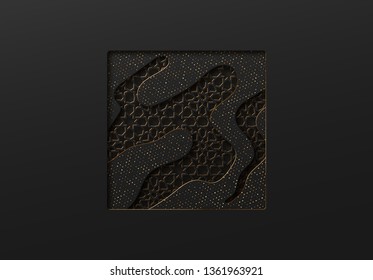 Black and gold background with geometric texture tunnel style cut out paper embossing pattern