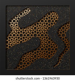Black and gold background with geometric texture tunnel style cut out paper embossing pattern