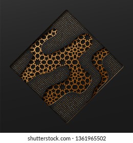Black and gold background with geometric texture tunnel style cut out paper embossing pattern