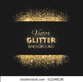 Black and gold background with glitter frame and space for text. Vector glitter decoration, golden dust. Great for christmas and birthday cards, wedding invitation, party posters and flyers. 