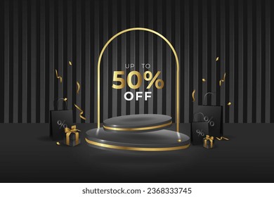 Black and gold background with realistic 3D floating cylinder podium with shopping bag, gift and confetti. Modern vector podium with up to 50% off text. Black friday sale scene for products showcase.