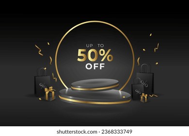 Black and gold background with realistic 3D floating cylinder podium with shopping bag, gift and confetti. Modern vector podium with up to 50% off text. Black friday sale scene for products showcase.